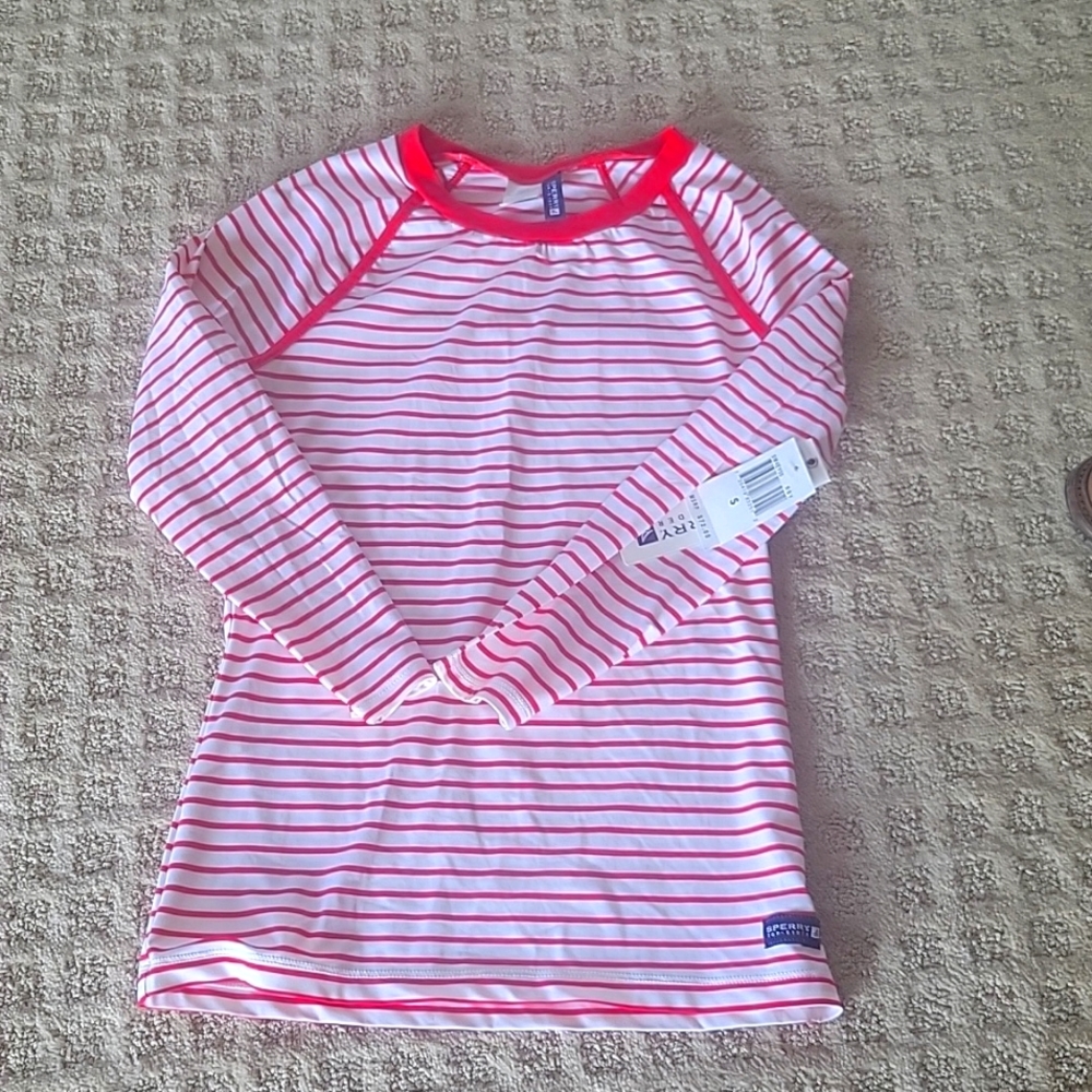 NWT Sperry Red and White Striped Rash Guard Long Sleeve Top Small